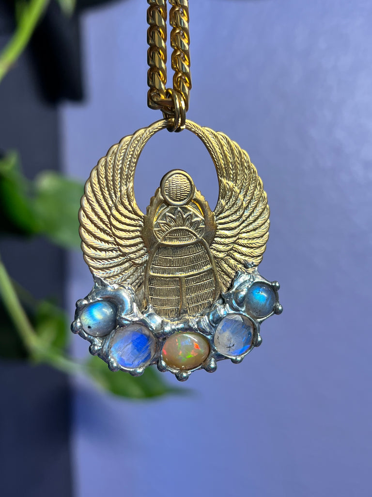 Scarab Beetle Amulet with Opal, Moonstone & Labradorite
