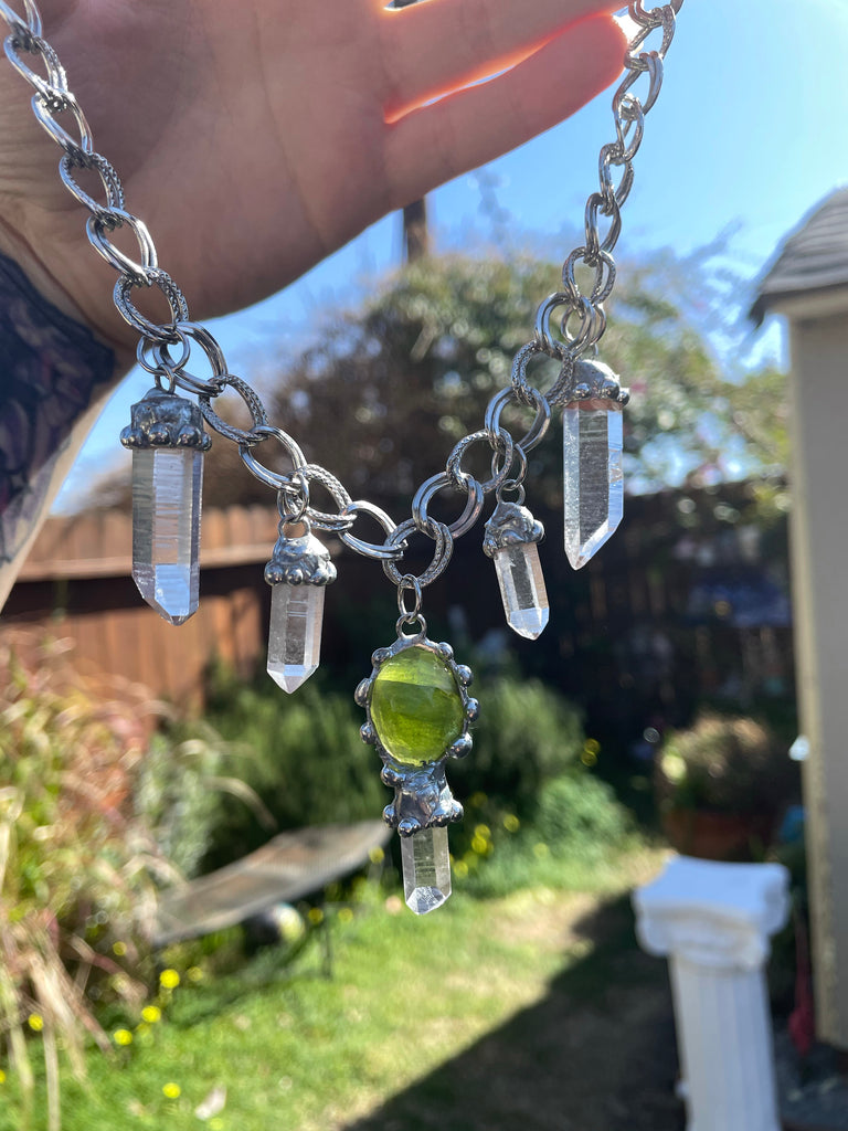 The Atlas Choker, feat. Faceted Peridot and five Lemurian Quartz Seeds