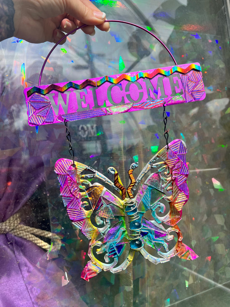 ‘Welcome’ Butterfly dichroic glass mosaic no.2