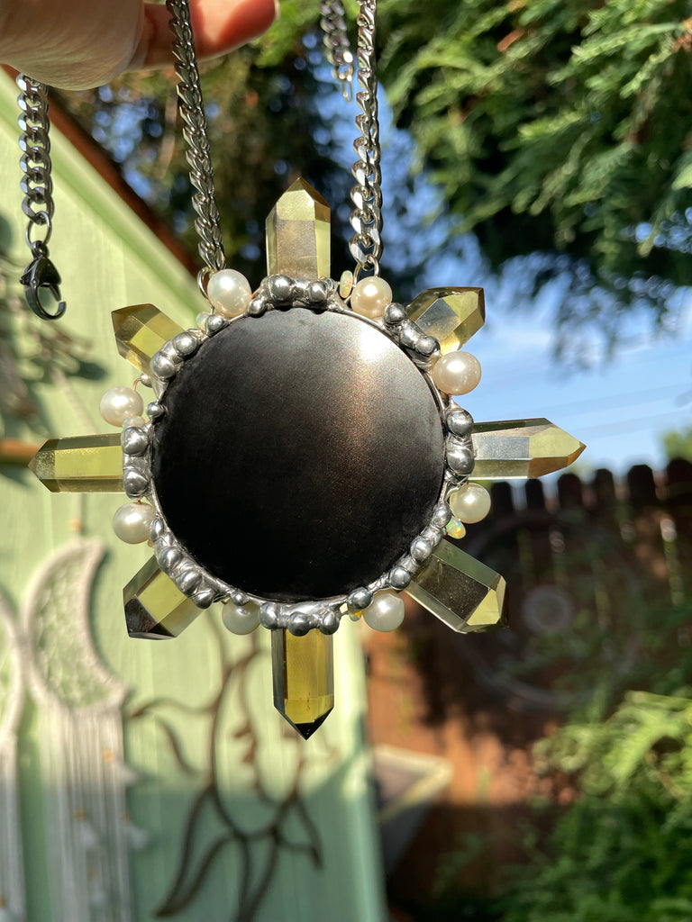 Black Obsidian Citrine Leo Sun with Welo Opal and freshwater Pearl