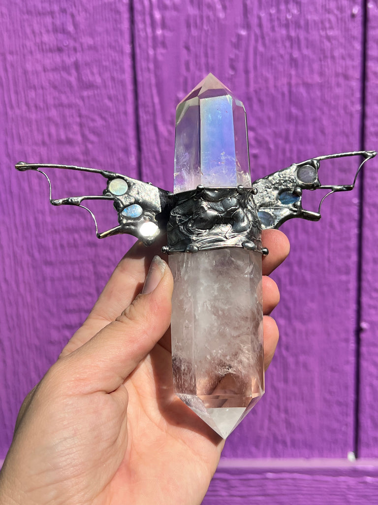 Labradorite Rose Aura Quartz Dragon wand, spiritual tool