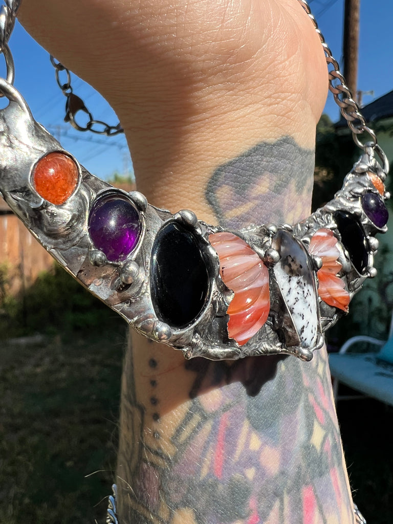 Spooky Queen Collar, dendritic opal, carnelian butterfly wings, onyx, amethyst and sunstone