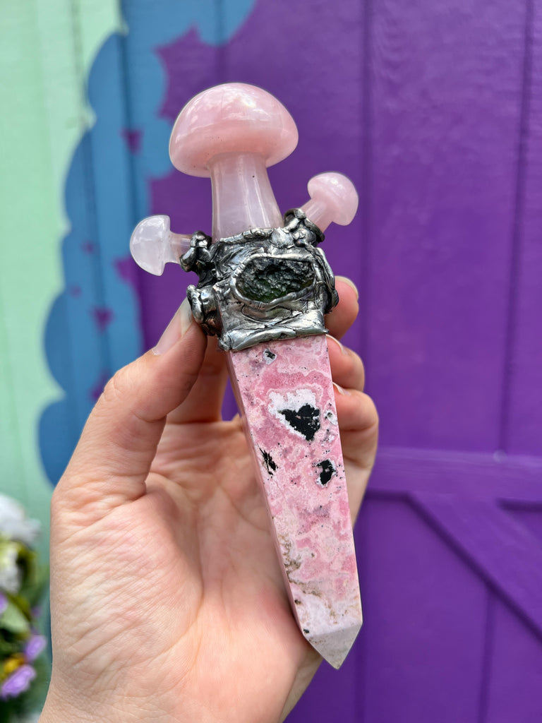 Rose Quartz and Rhodochrosite Octopus mushroom totem, spiritual tool