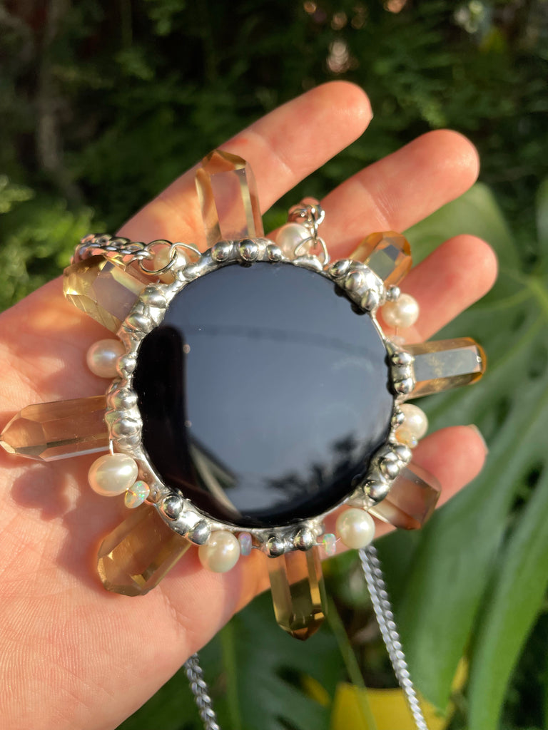 Black Obsidian Citrine Leo Sun with Welo Opal and freshwater Pearl