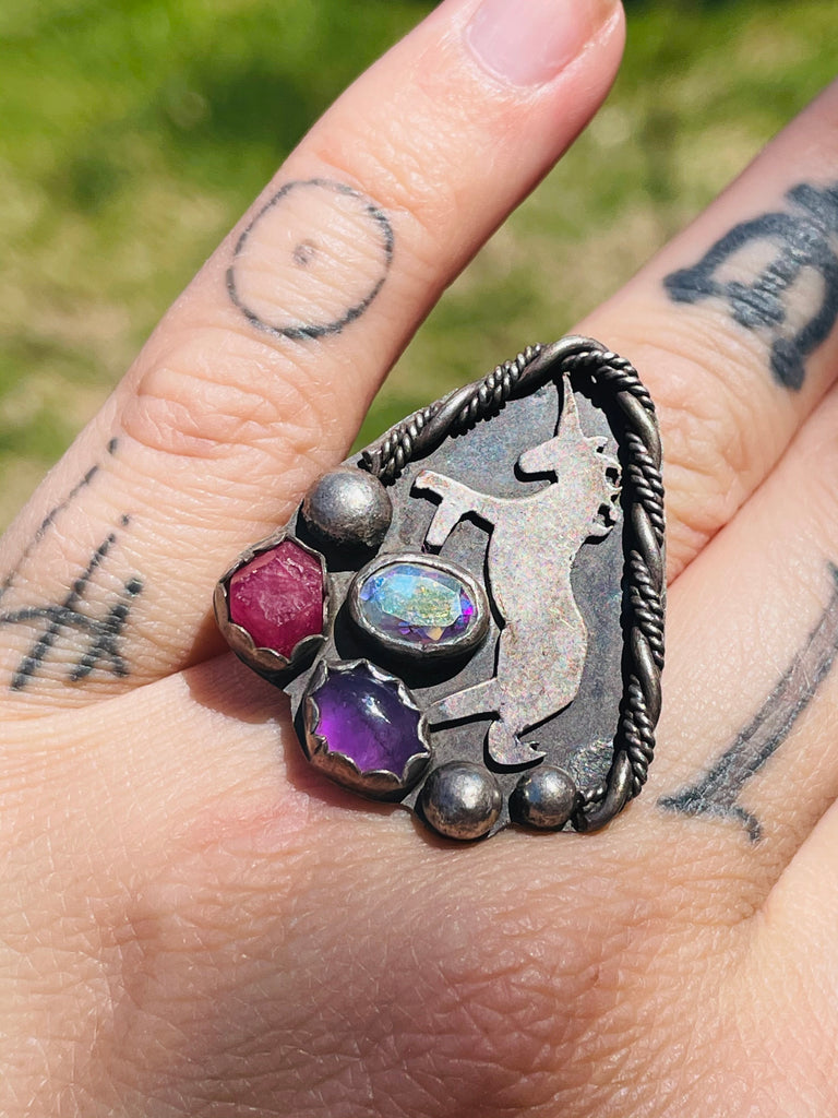 Handmade sterling silver unicorn ring with Ruby, Amethyst, Aura Quartz size 5