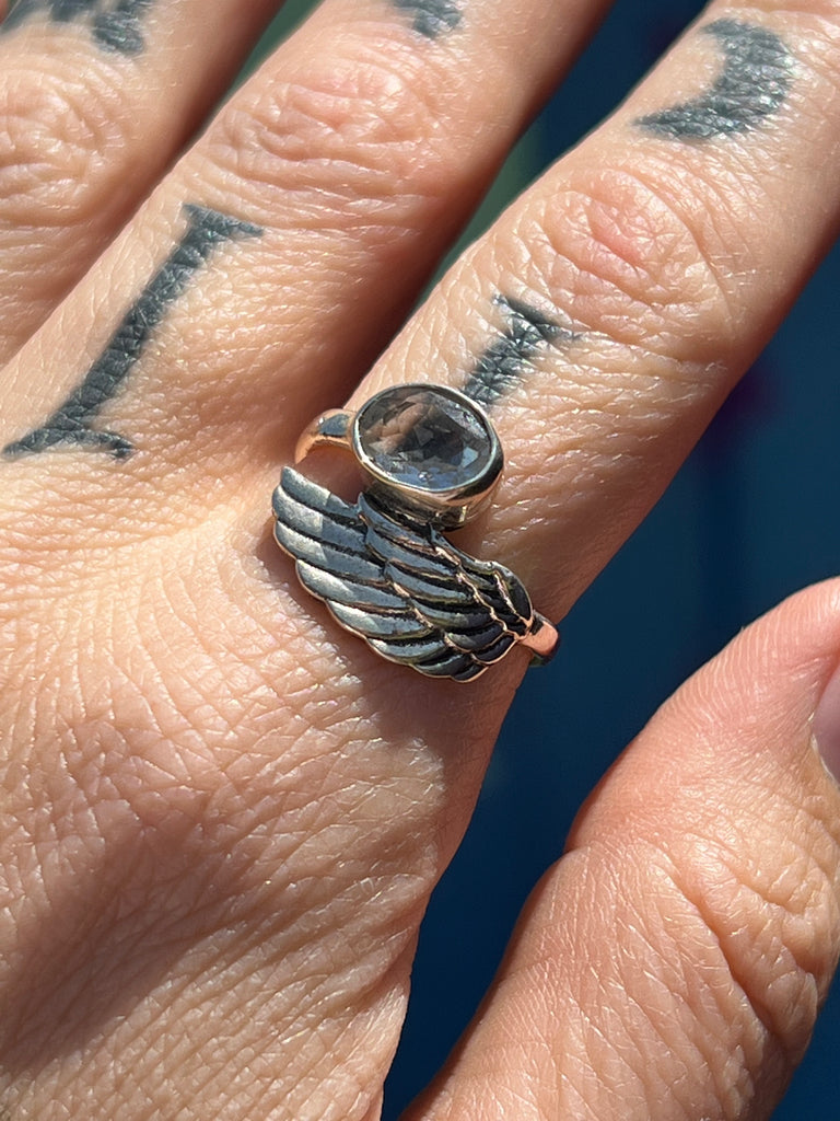 Angel Wing Ring with faceted Clear Quartz size 7.5