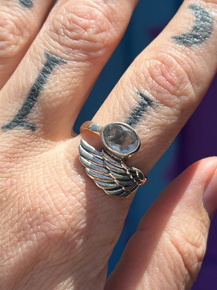Angel Wing Ring with faceted Clear Quartz size 7.5