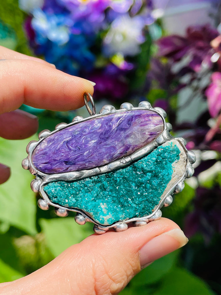Charoite and Dioptase pendant
