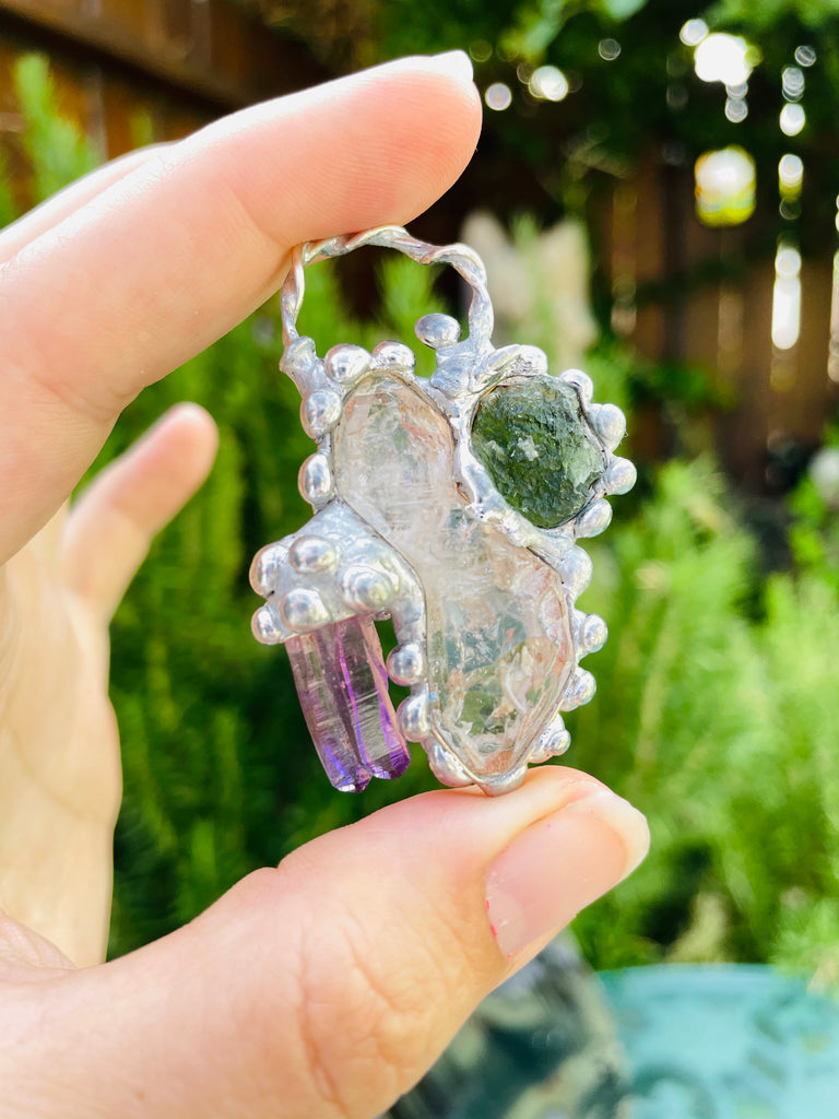 Herkimer Diamond, Moldavite and Vera Cruz Amethyst
