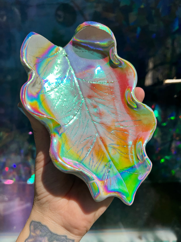 Aura coated ceramic leaf tray OOAK