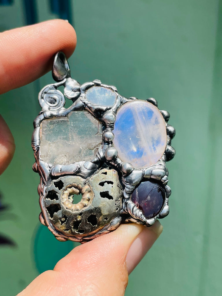 Earth Mother Goddess, Ammonite, Garnet, Moonstone, Herkimer Diamond, and Welo Opal