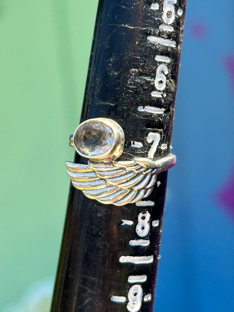 Angel Wing Ring with faceted Clear Quartz size 7.5