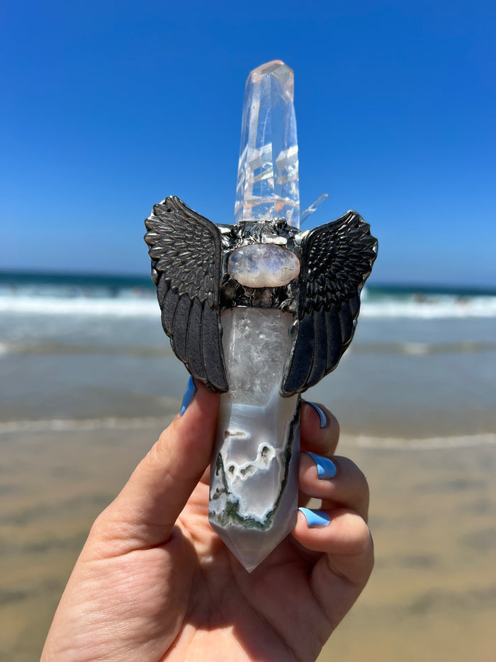 Angel Wand; Lemurian and Moss Agate with silver sheen wings and moonstone cloud