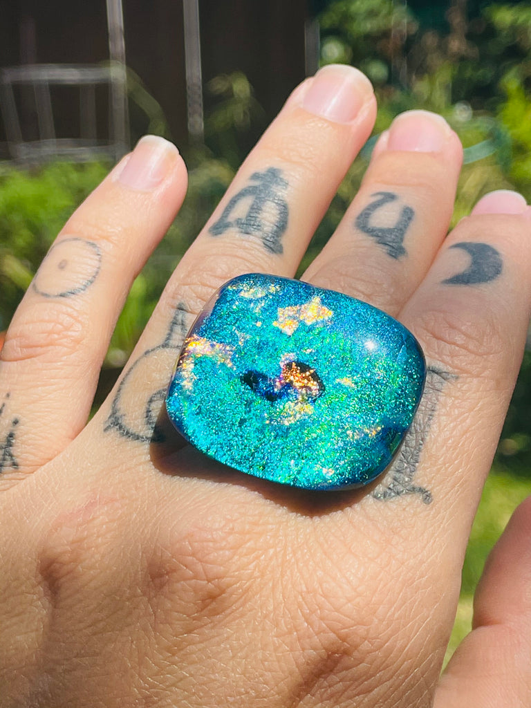 Turquoise Dichroic glass adjustable ring