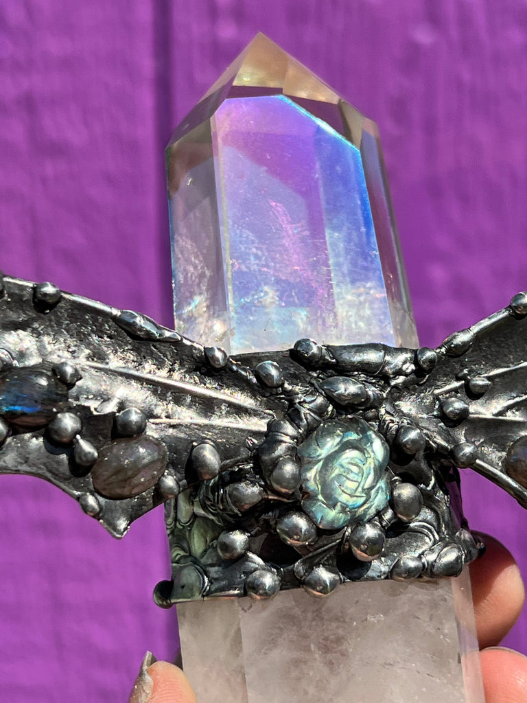 Labradorite Rose Aura Quartz Dragon wand, spiritual tool