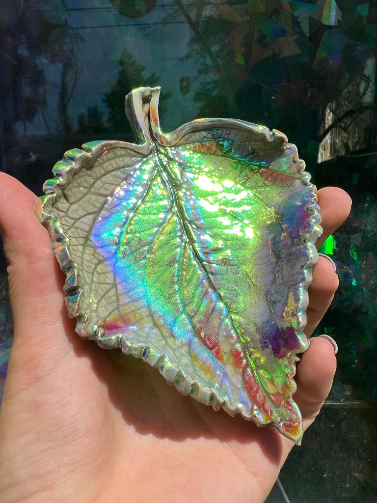 Aura coated ceramic leaf OOAK