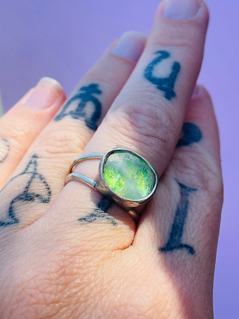 Handmade sterling silver Green Moonstone adjustable ring sizes 6-8