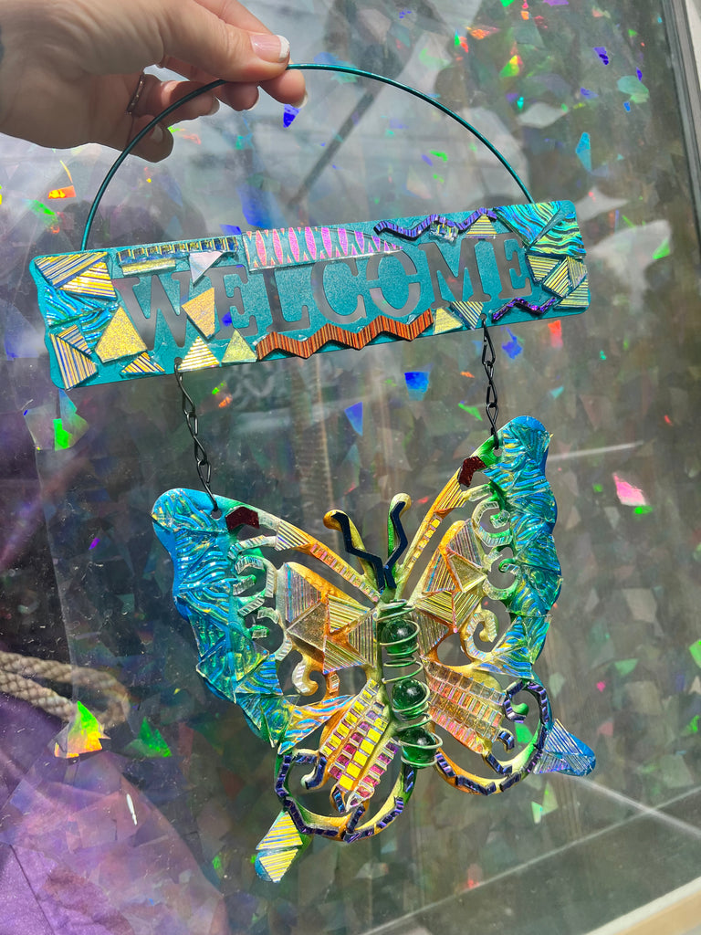 ‘Welcome’ Butterfly dichroic glass mosaic no.1