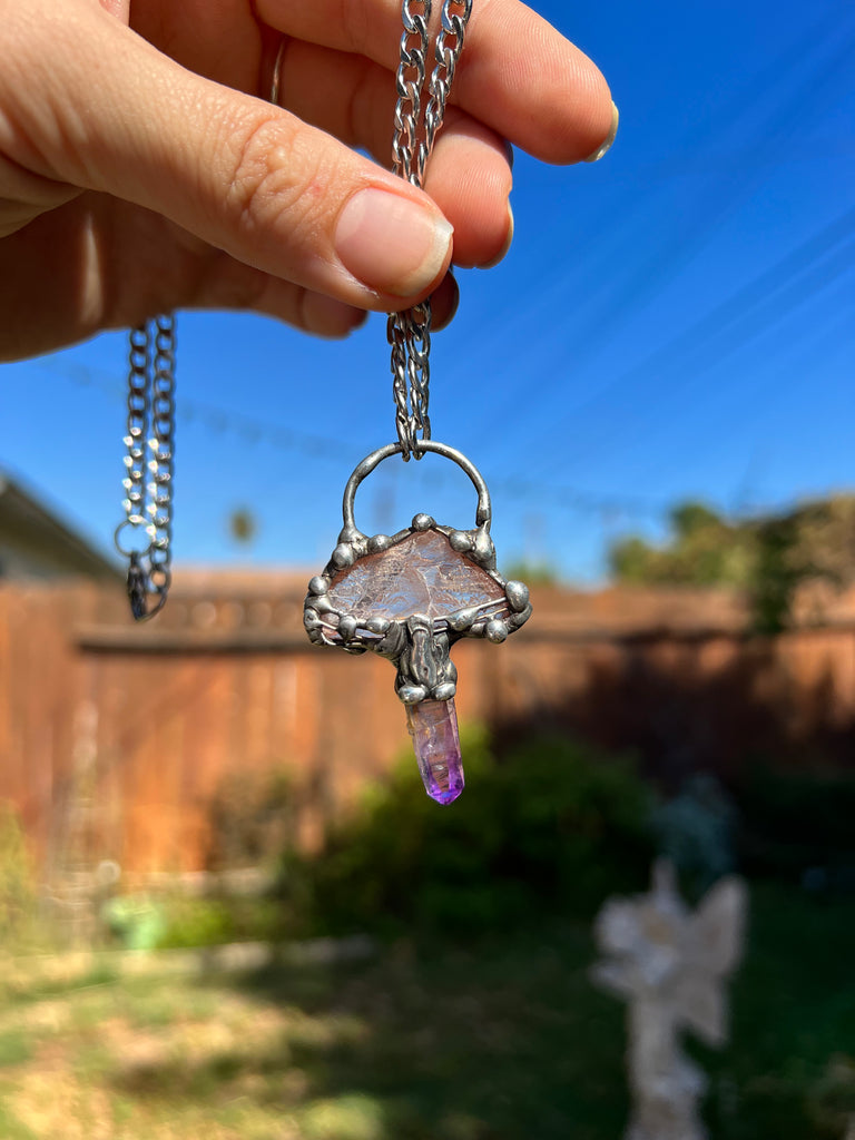 Raw Kunzite & Vera Cruz Mushroom Amulet no.2