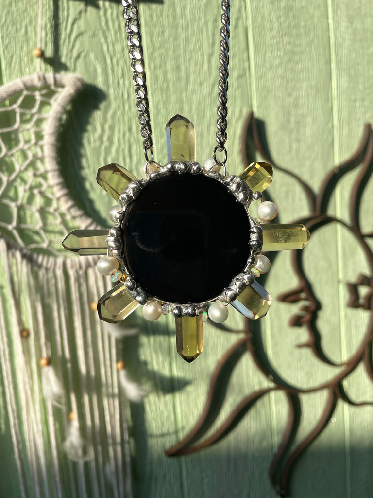 Black Obsidian Citrine Leo Sun with Welo Opal and freshwater Pearl