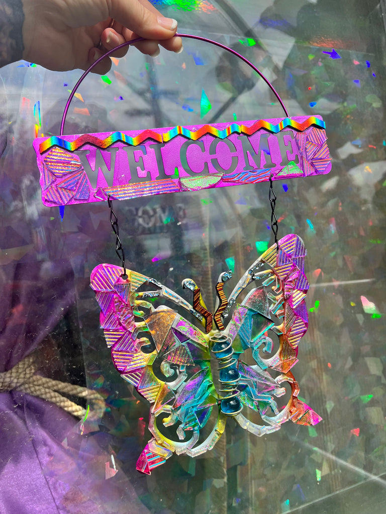 ‘Welcome’ Butterfly dichroic glass mosaic no.2