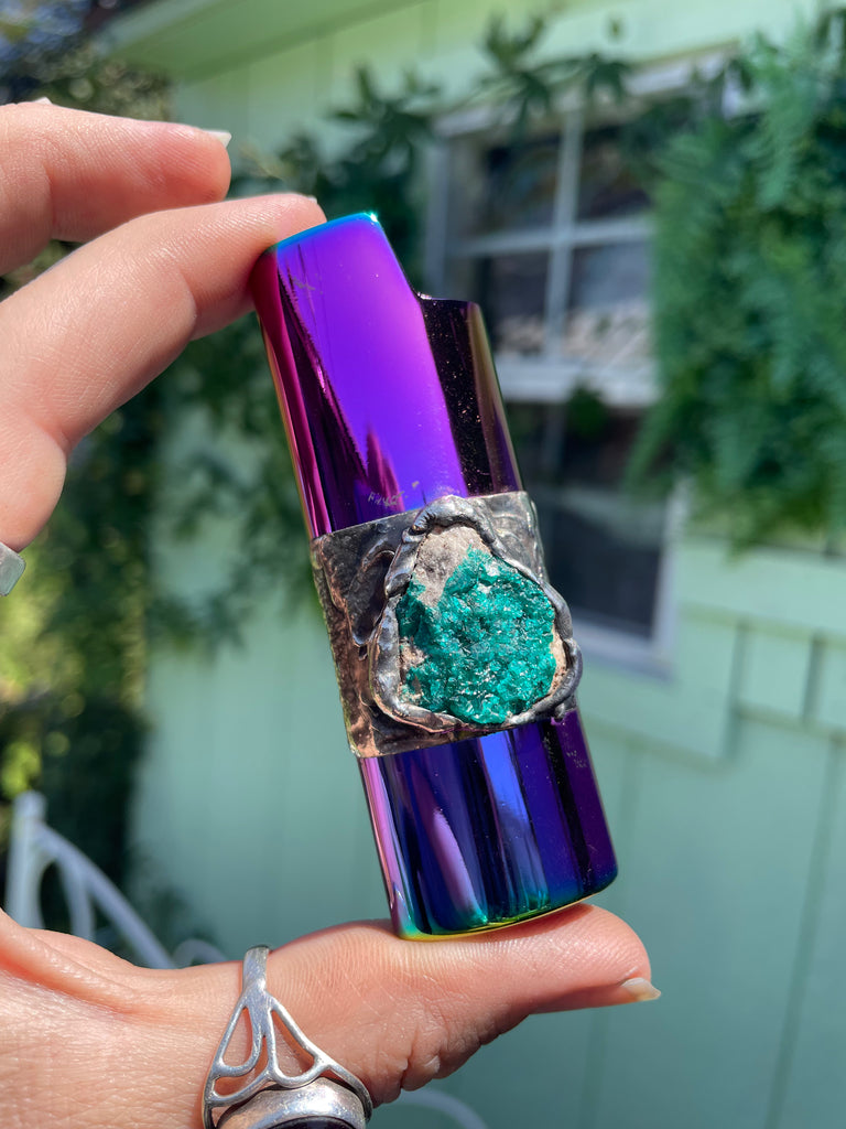 Raw Dioptase on Titanium Fire Case