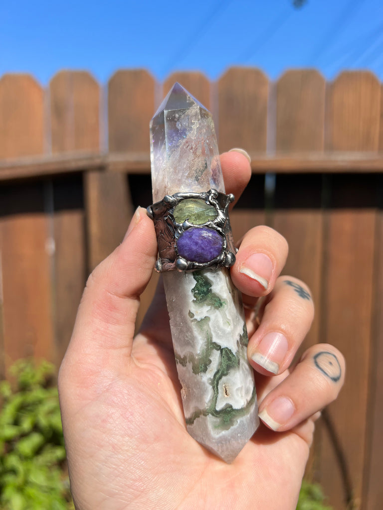 Aura Quartz, Picture Jasper, Green Kyanite, & Charoite wand (spiritual tool)