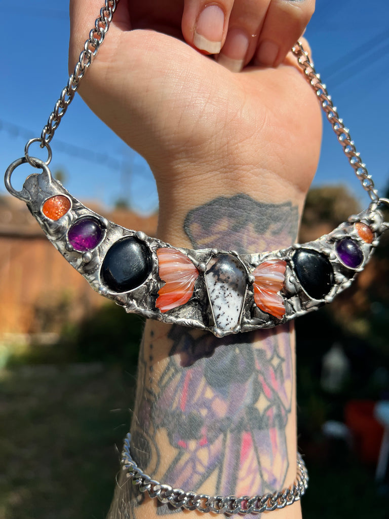 Spooky Queen Collar, dendritic opal, carnelian butterfly wings, onyx, amethyst and sunstone