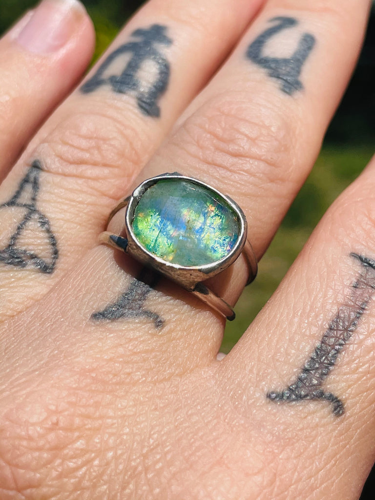 Handmade sterling silver Green Moonstone adjustable ring sizes 6-8