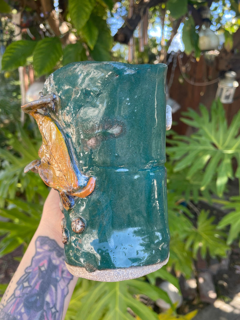 Ceramic Leaf Mug with Mushrooms and ladybugs