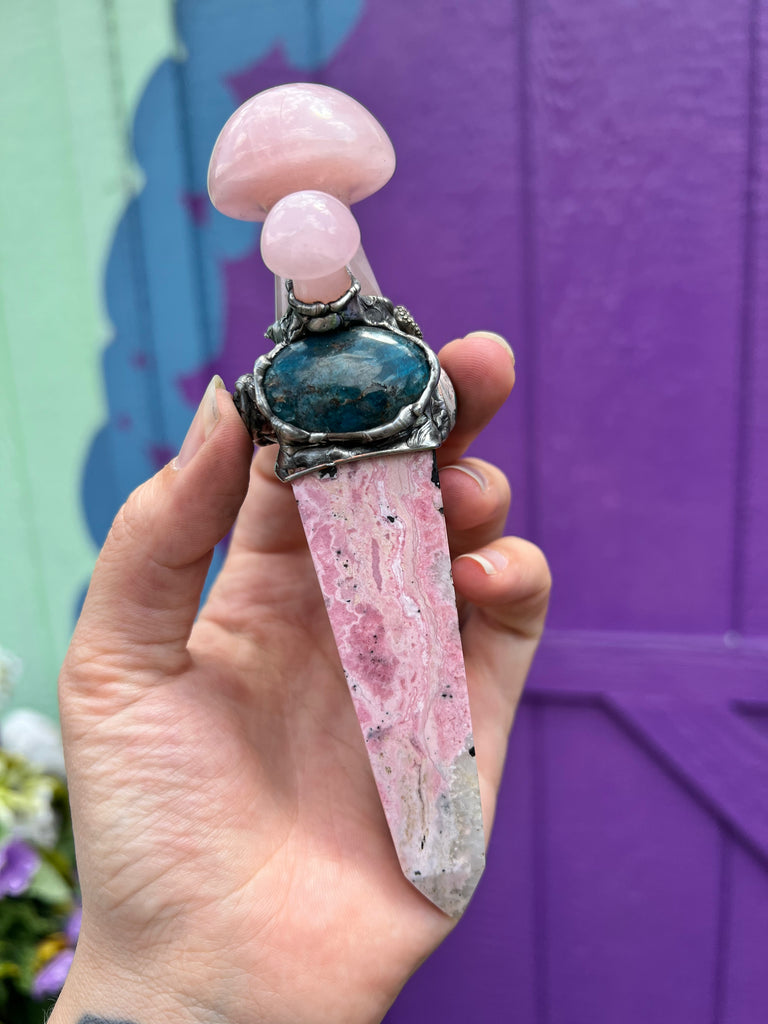 Rose Quartz and Rhodochrosite Octopus mushroom totem, spiritual tool
