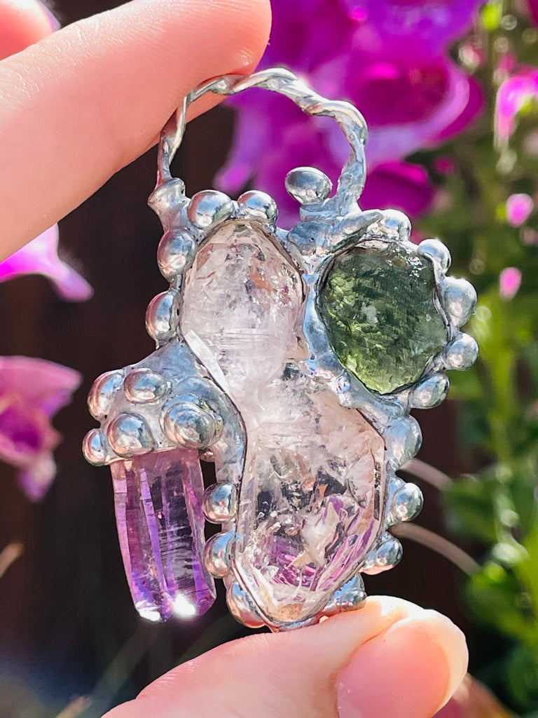 Herkimer Diamond, Moldavite and Vera Cruz Amethyst