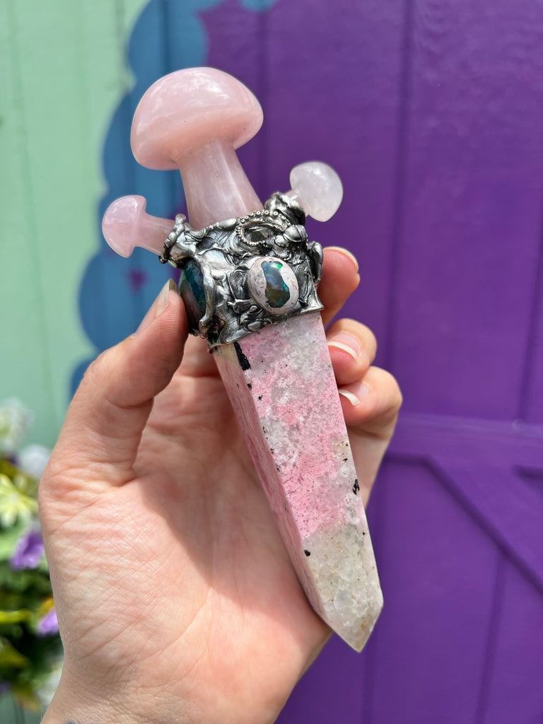 Rose Quartz and Rhodochrosite Octopus mushroom totem, spiritual tool