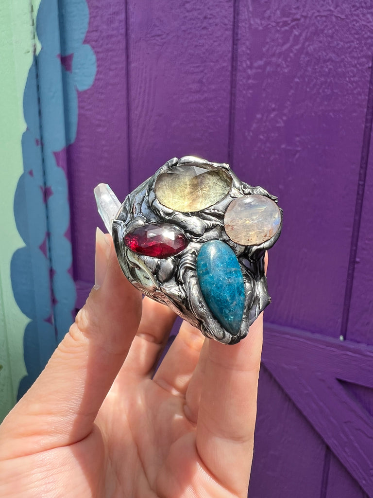 Colombian Lemurian Quartz wand with Citrine, garnet, apatite, and moonstone