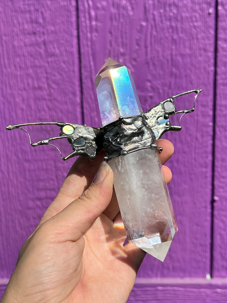 Labradorite Rose Aura Quartz Dragon wand, spiritual tool