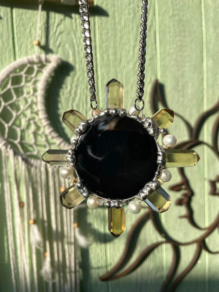 Black Obsidian Citrine Leo Sun with Welo Opal and freshwater Pearl