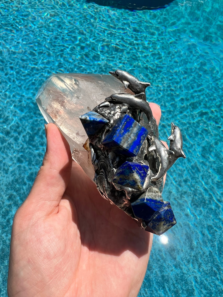 Lemurian Quartz Dolphin Spirit with Platonic solid Symbols