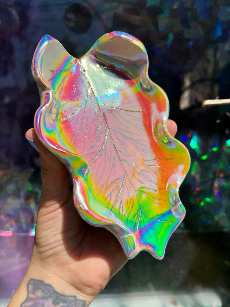 Aura coated ceramic leaf tray OOAK