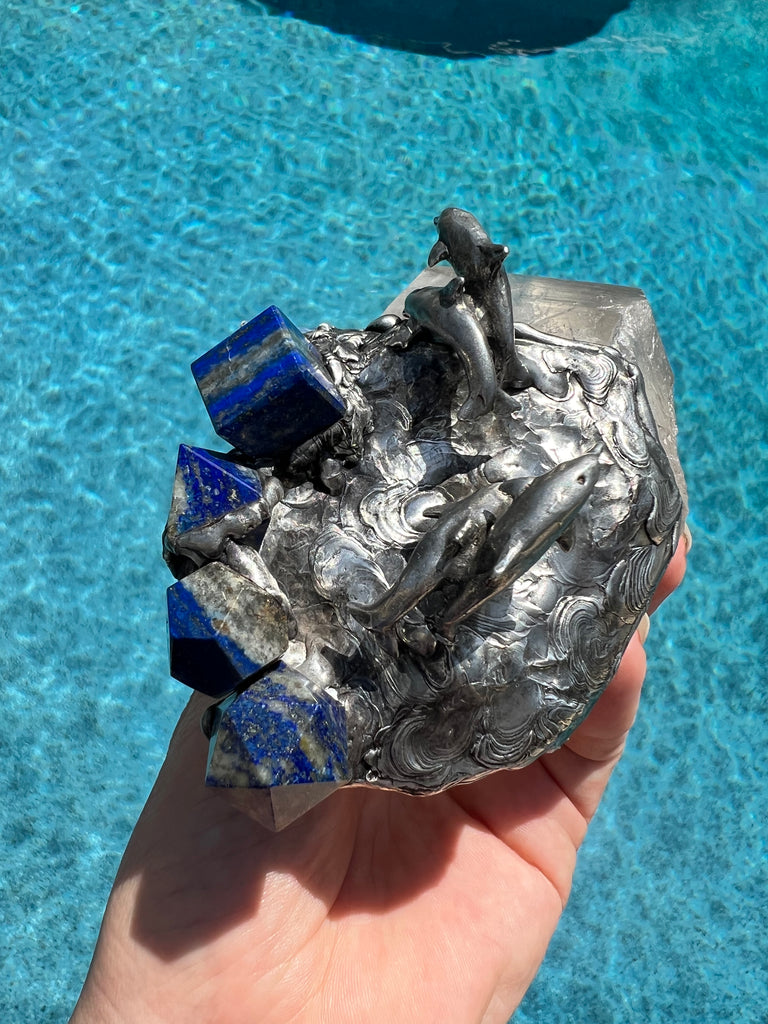 Lemurian Quartz Dolphin Spirit with Platonic solid Symbols