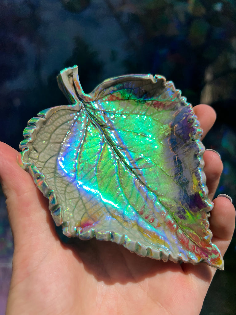 Aura coated ceramic leaf OOAK
