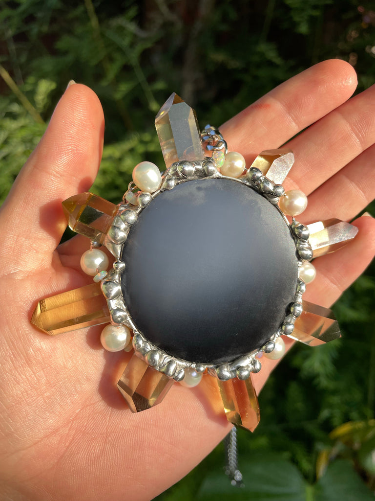 Black Obsidian Citrine Leo Sun with Welo Opal and freshwater Pearl