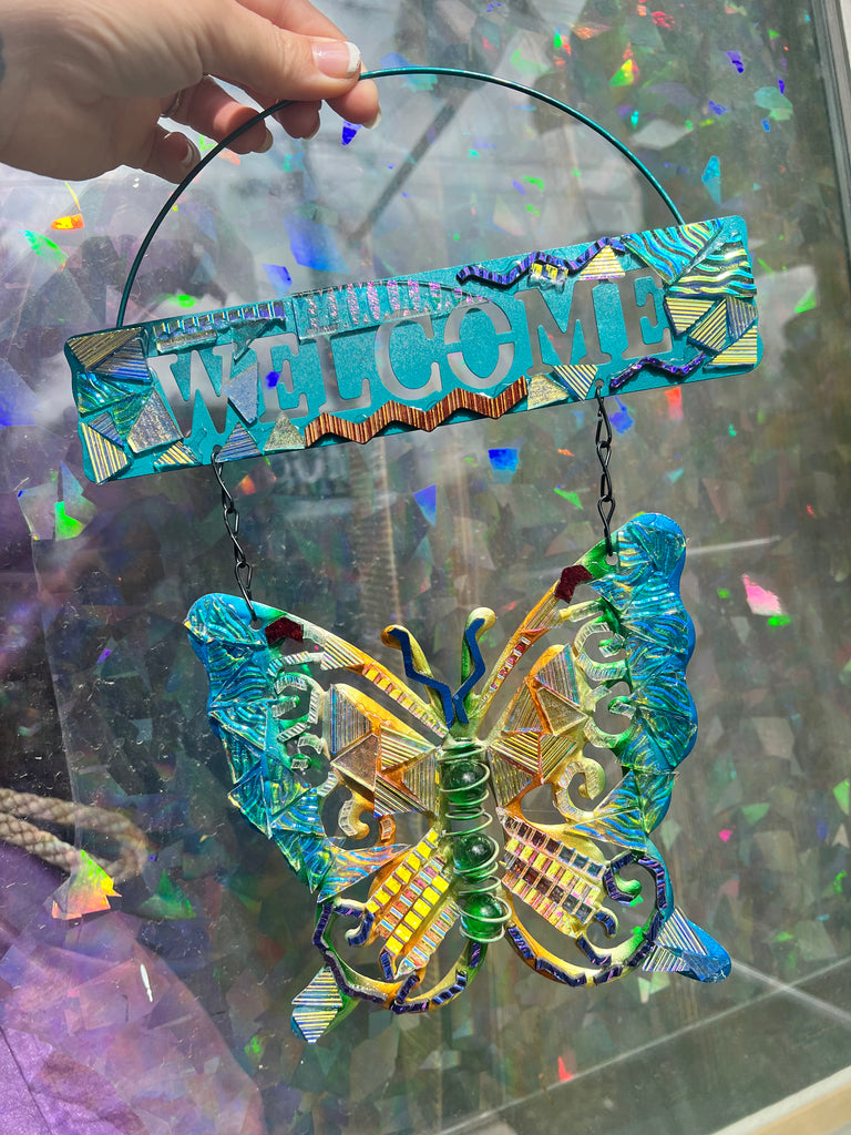 ‘Welcome’ Butterfly dichroic glass mosaic no.1