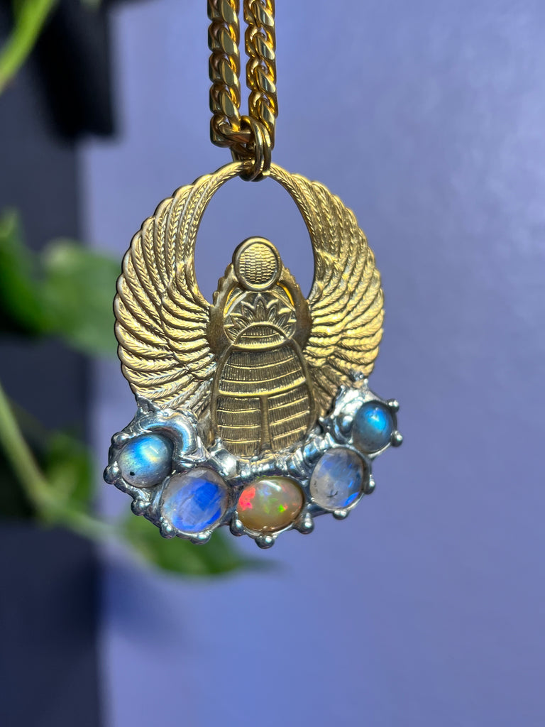 Scarab Beetle Amulet with Opal, Moonstone & Labradorite