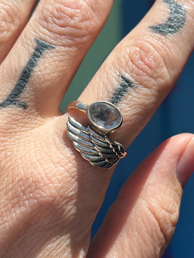 Angel Wing Ring with faceted Clear Quartz size 7.5