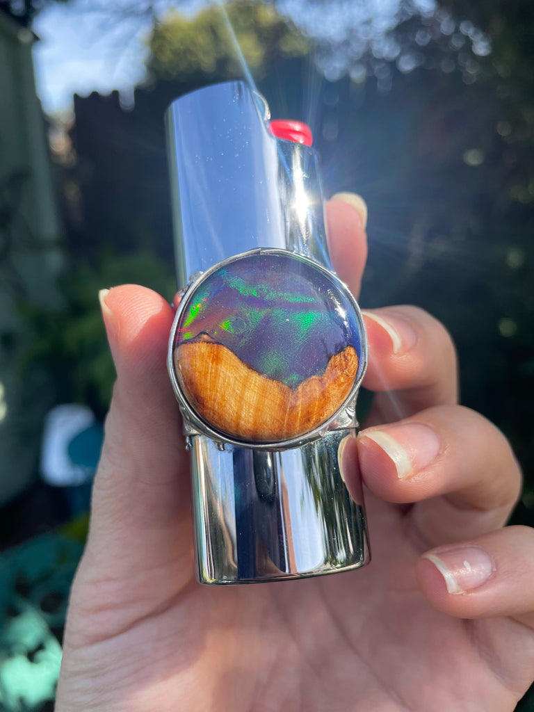 Aurora Opal and Maple Burl handmade Cabochon on Silver Fire Case no.2
