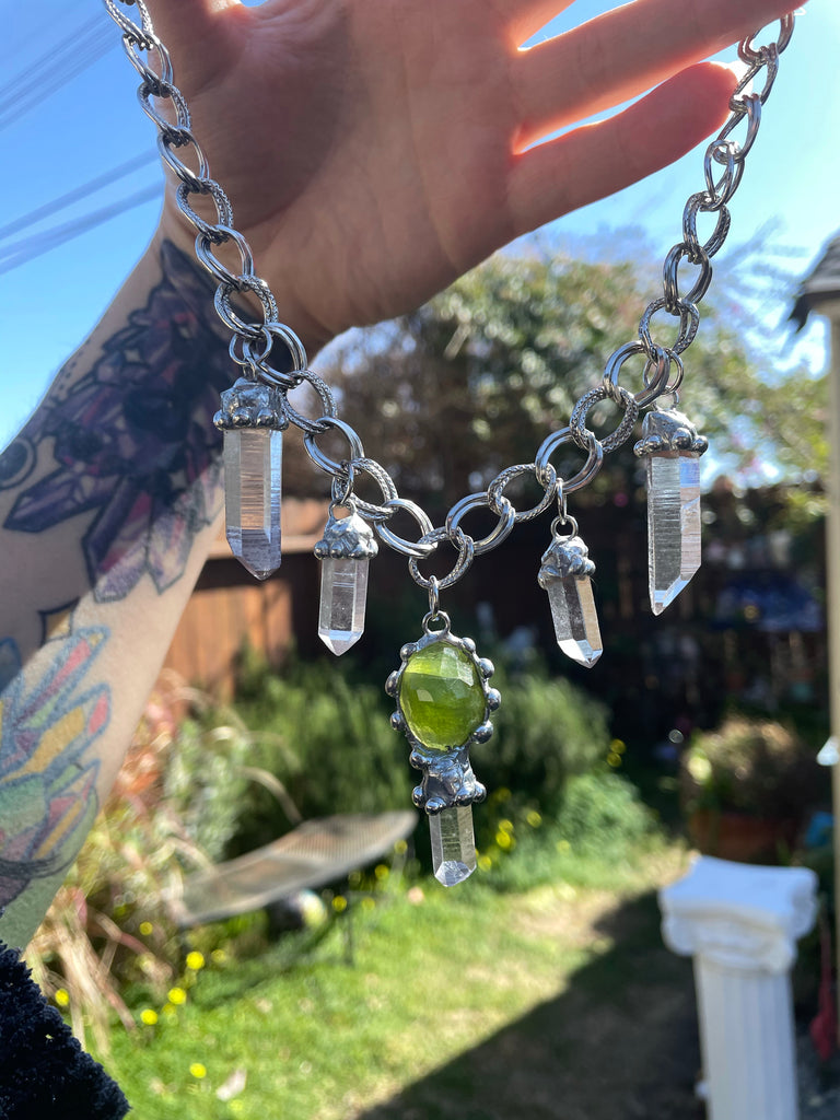 The Atlas Choker, feat. Faceted Peridot and five Lemurian Quartz Seeds