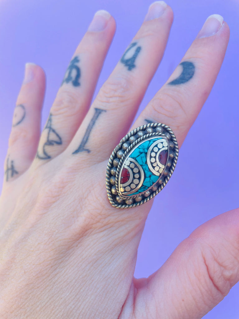 Turquoise and Brass ring adjustable sizes 8-9