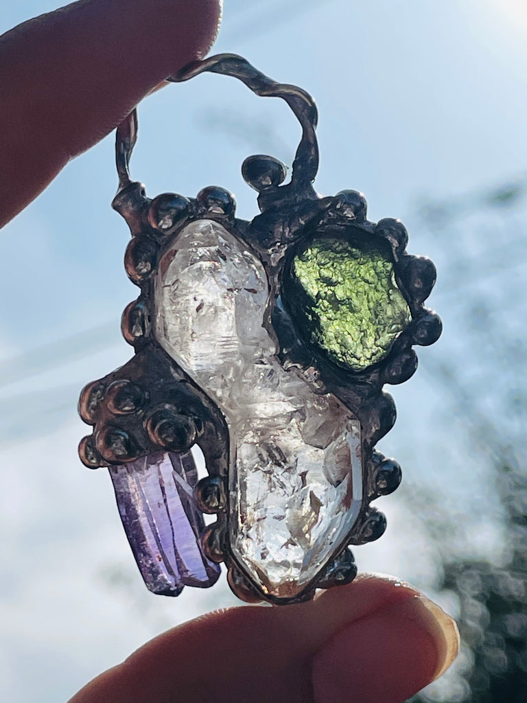 Herkimer Diamond, Moldavite and Vera Cruz Amethyst