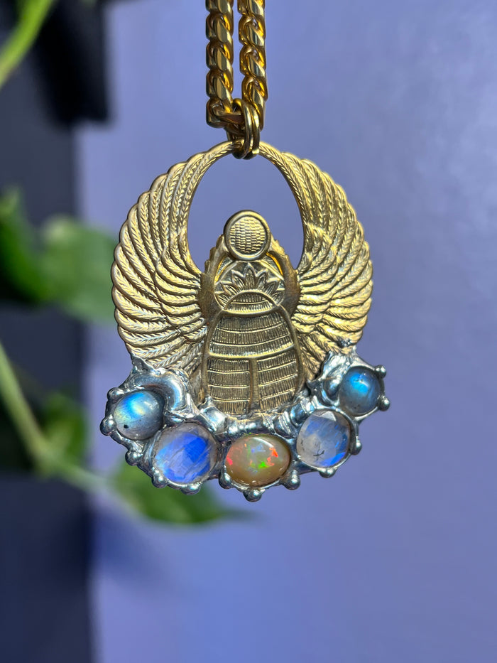 Scarab Beetle Amulet with Opal, Moonstone & Labradorite