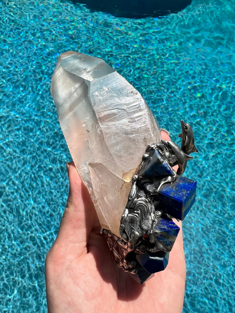 Lemurian Quartz Dolphin Spirit with Platonic solid Symbols